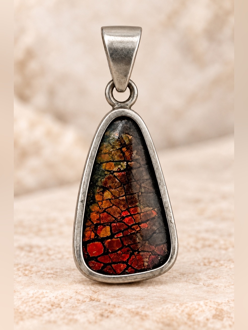 Vintage Genuine Ammolite Sterling Silver Tear Drop Pendant • 18” Snake Chain